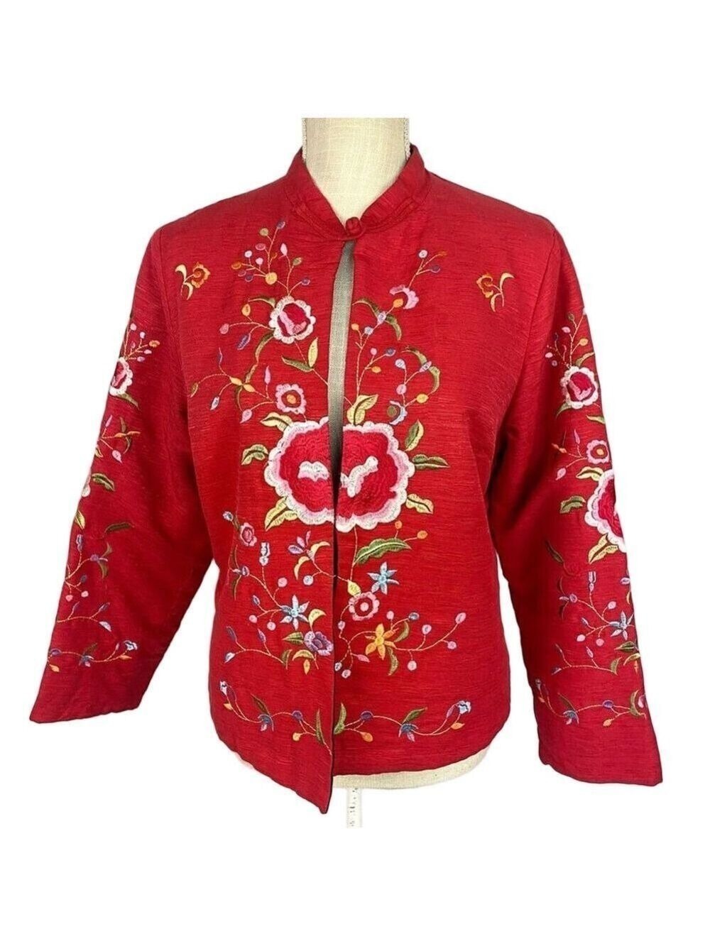Vintage Norm Thompson Red Silk floral Embroidered Jacket Quilted Lining XL